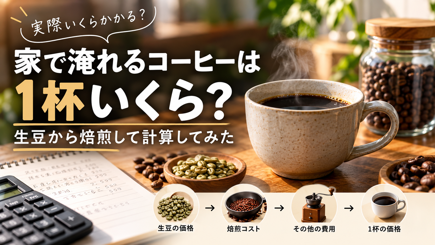 家で淹れるコーヒーは1杯いくら？生豆から焙煎して計算した記事のアイキャッチ