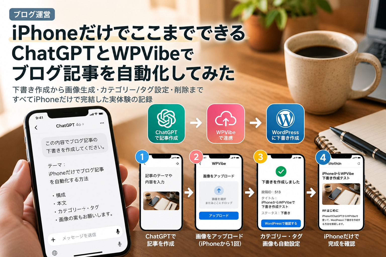 iPhoneだけでChatGPTからWPVibeを経由してWordPress記事を作成する流れ